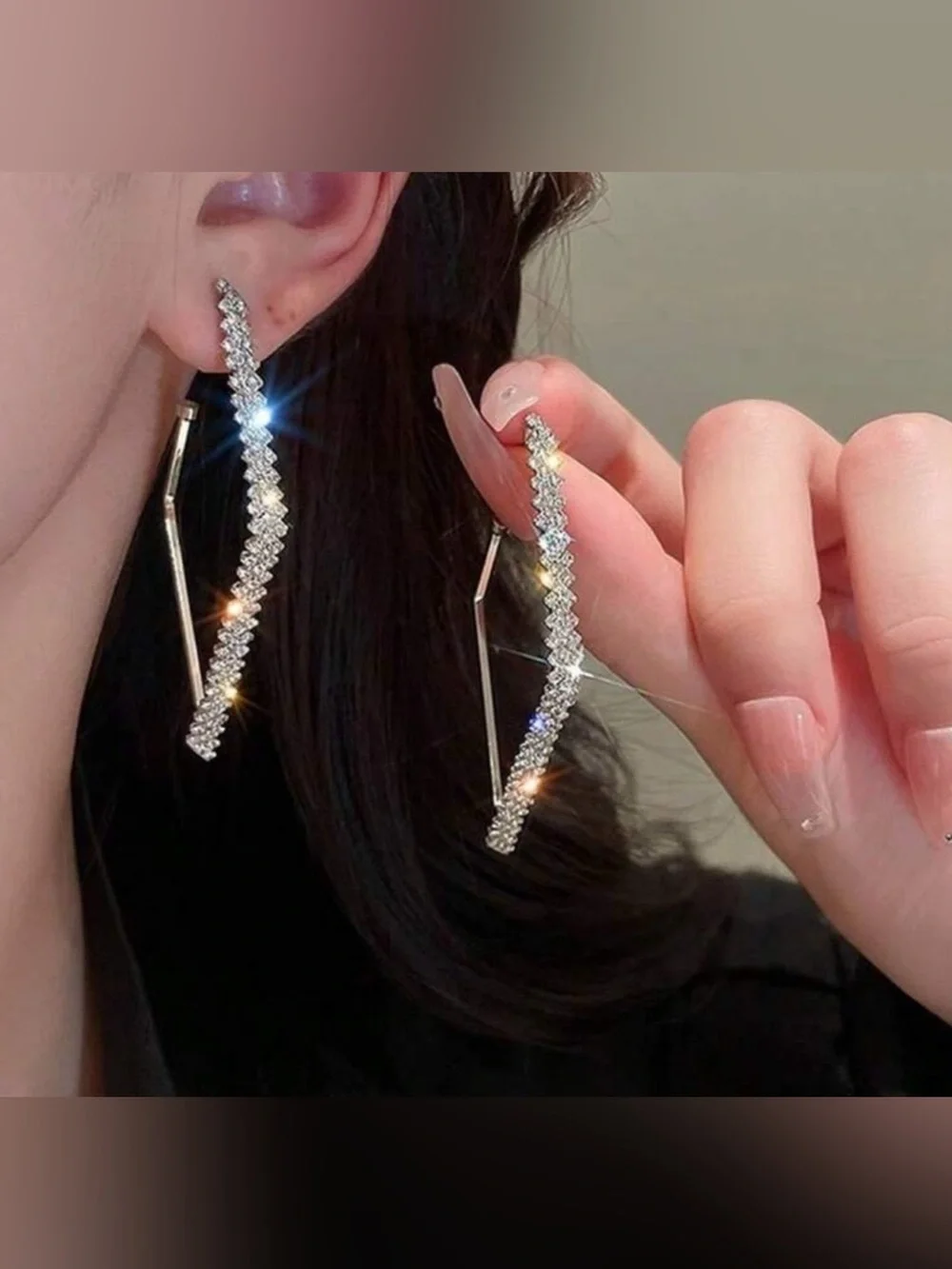 Silver Rhinestone Geometric Hoop Earrings